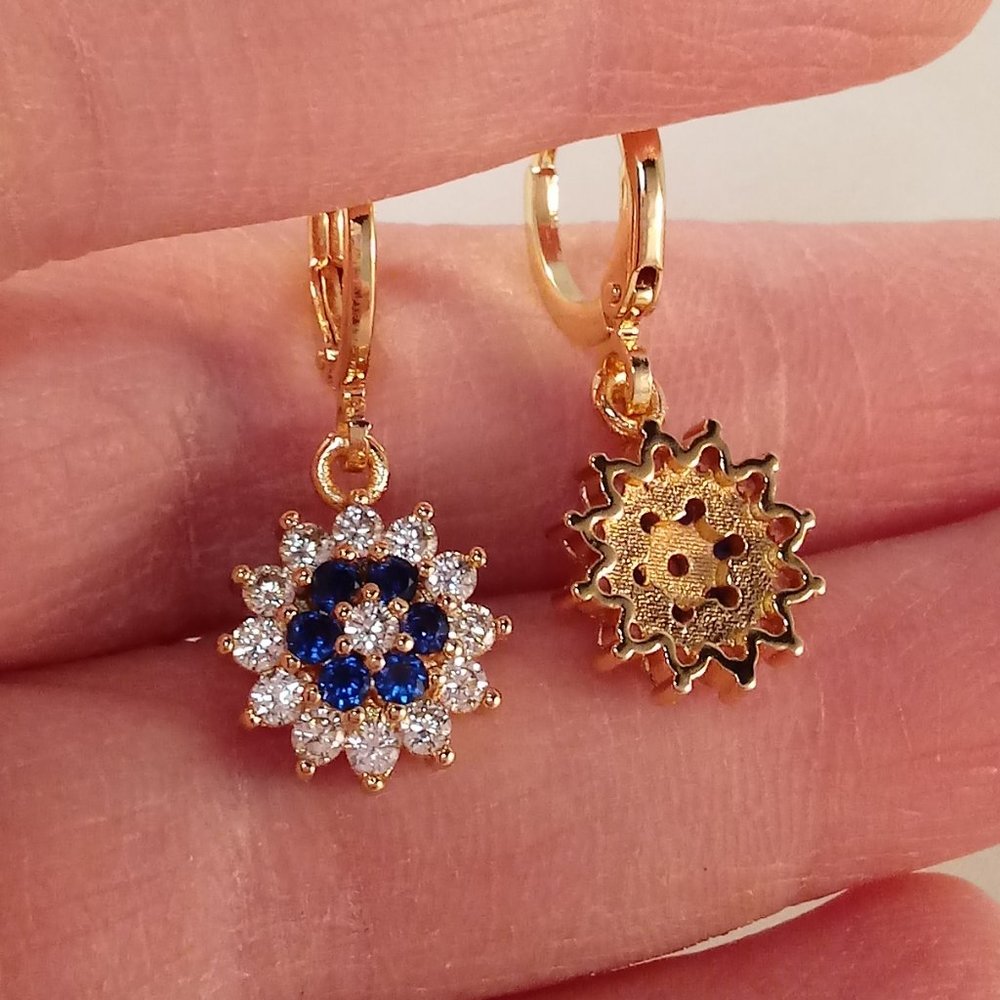 18K Yellow Gold Filled Flower Navy Blue Diamond Zircon Dangle Earrings Gorgeous - Picture 4 of 4